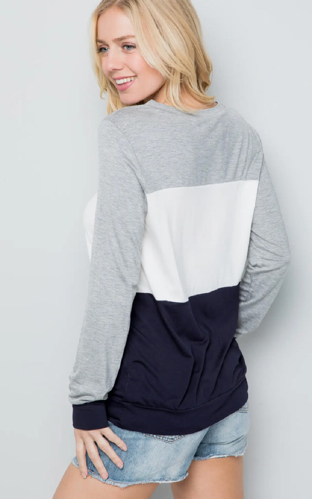 Women's Long Sleeve Gray and Navy Colorblock Top