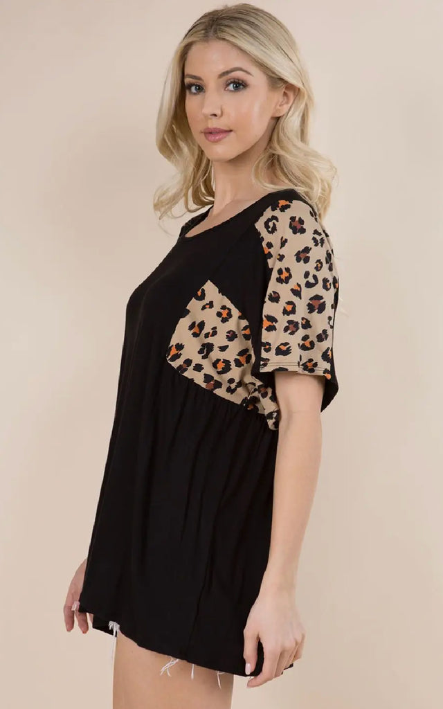 Women's Short Sleeve Black and Leopard Print Shirt