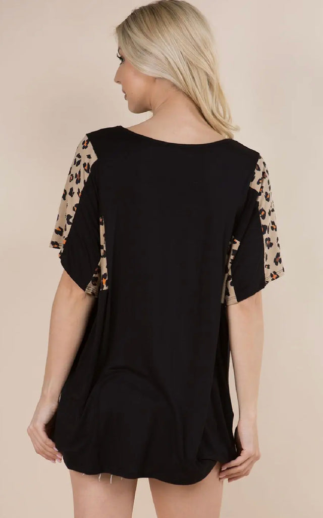 Women's Short Sleeve Black and Leopard Print Shirt