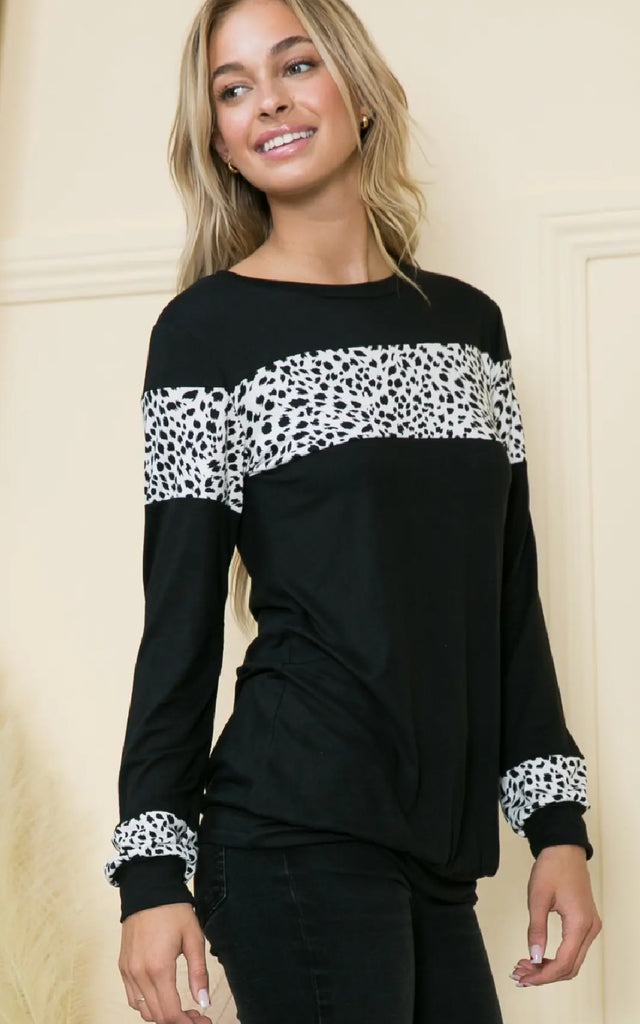 Women's Long Sleeve Shirt with Leopard Print Stripe