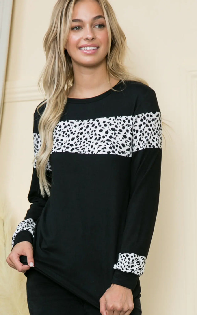 Women's Long Sleeve Shirt with Leopard Print Stripe