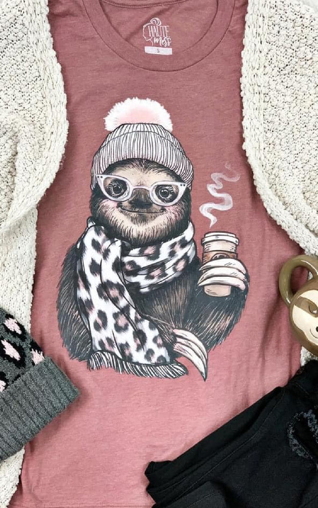 Women's Pink Graphic Tee with Screenprinted Sloth