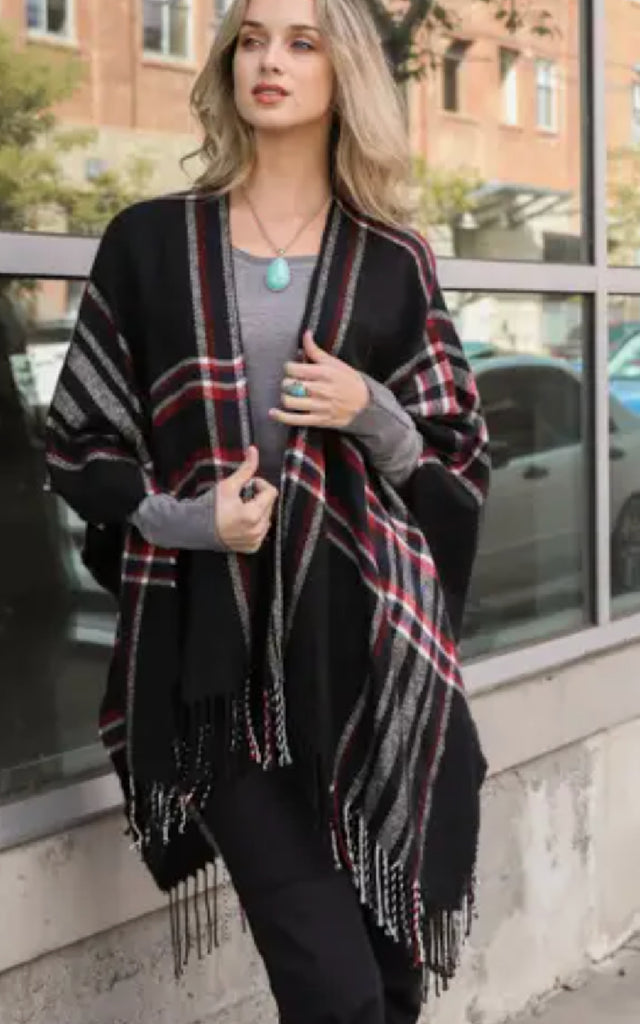Women's Black and Red Plaid Shawl with Tassels.