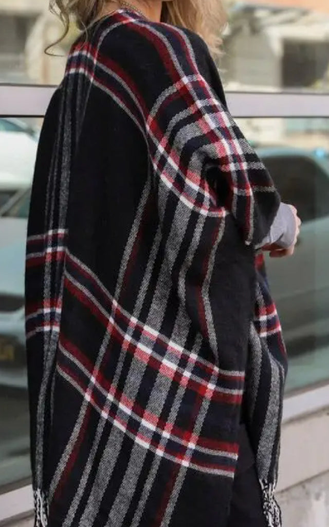 Women's Black and Red Plaid Shawl with Tassels.