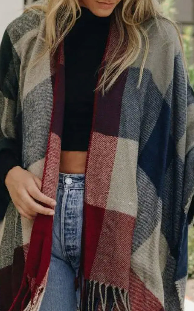 Women's Colorblock Shawl in Red, Green and Navy Blue.